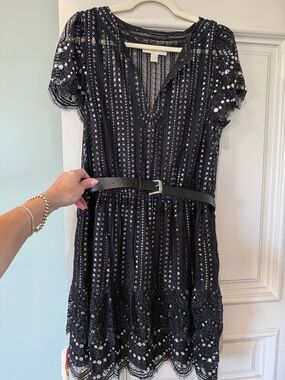 Black Metallic Lace Beaded Short Sleeve Dress